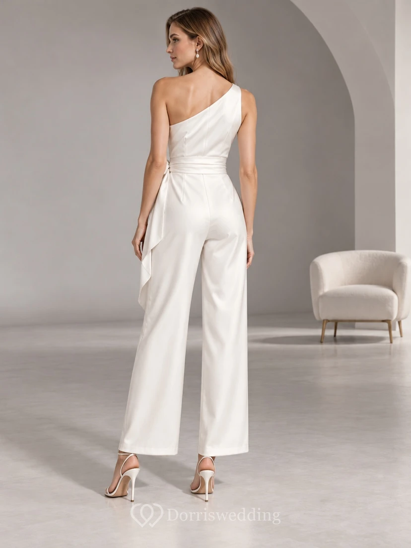 Modern One Shoulder Satin Side Sash Cropped Wide Leg Bridal Jumpsuit view 2