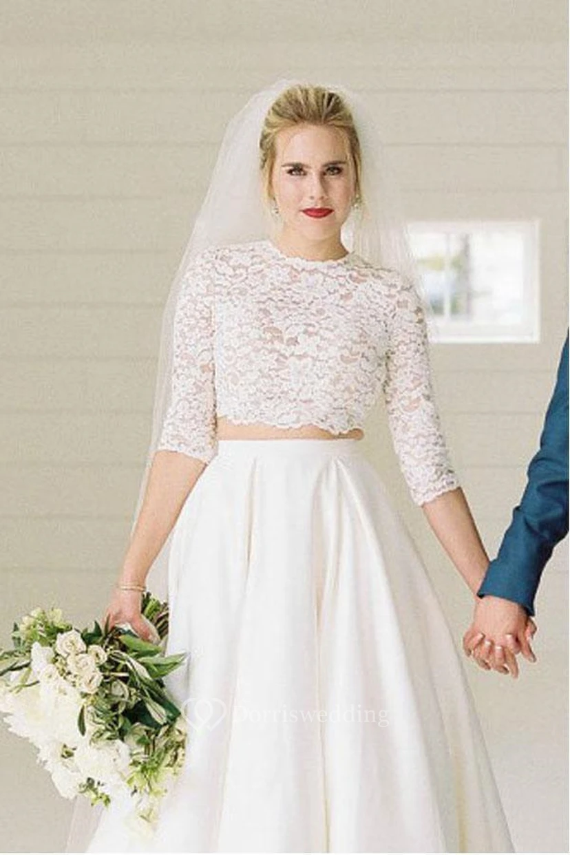 Zweiteiliges, lässiges A-Linien-Brautkleid mit halblangen Ärmeln und Schlüssellochausschnitt sowie Spitzenoberteil view 2