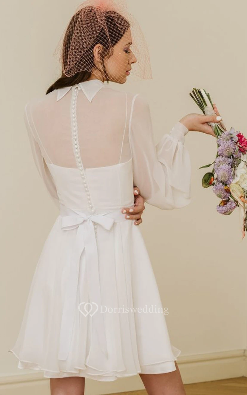 Lässiges Tüll-Brautkleid mit kurzen, langen Ärmeln, A-Linie und Illusionseffekt sowie Schleife view 2