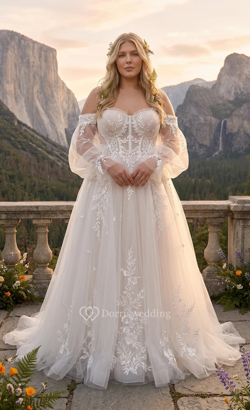 Plus Size schulterfreies Korsett-Brautkleid mit Bischofsärmeln und Spitzenapplikationen