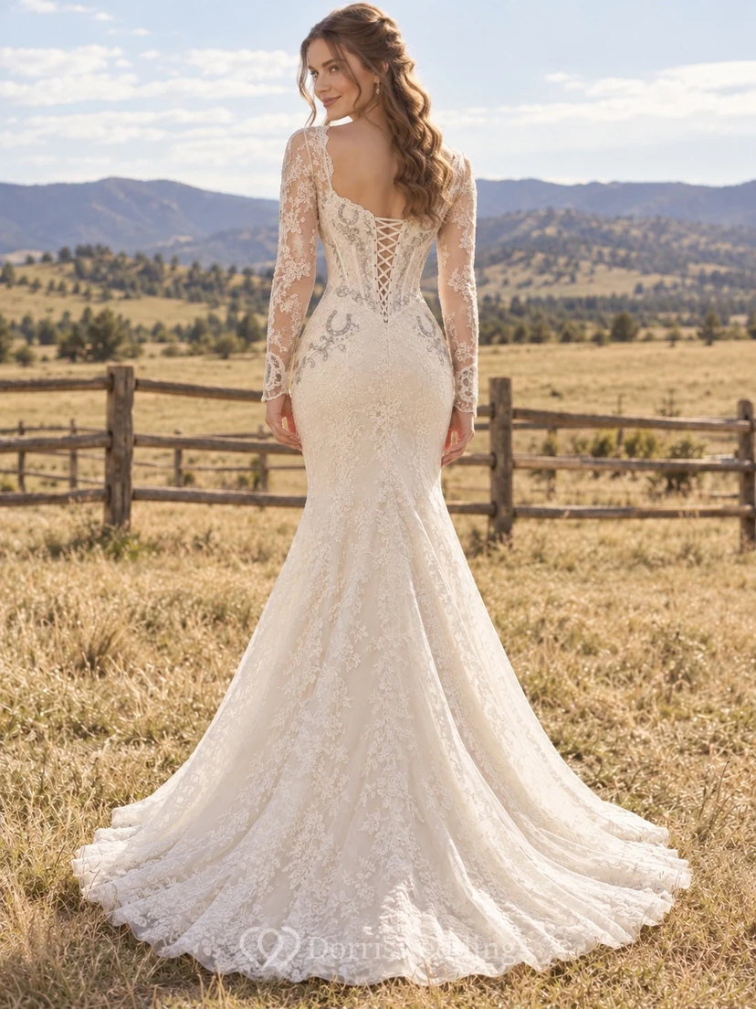 Western-Chic-Brautkleid im Meerjungfrauenstil mit langen Ärmeln, Spitze, herzförmigem Korsett und Hufeisenstickerei view 2