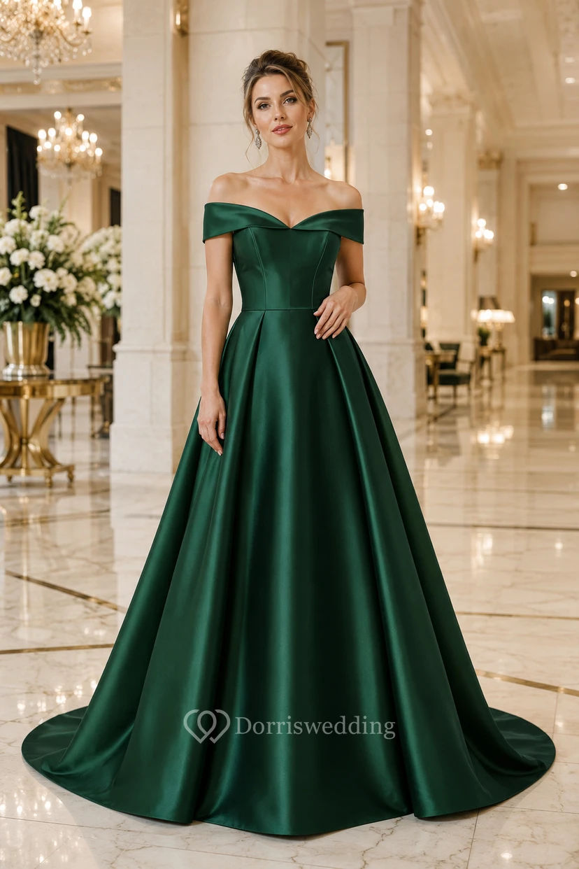 Abendkleid, dunkelgrünes Satin-Ballkleid, schulterfrei, kurze Ärmel, Schleppe