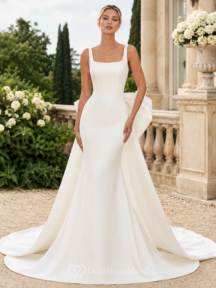 Satin-Hochzeitskleid im Meerjungfrauenstil mit eckigem Ausschnitt, ärmellos, Kapellenschleppe