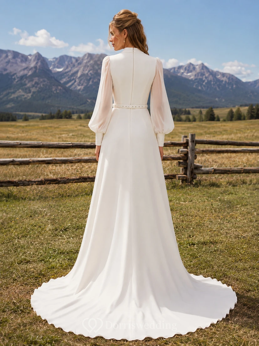 Vestido de novia de corte A estilo capilla, de estilo rústico occidental, con cuello alto, mangas largas, de satén y cinturón. view 2