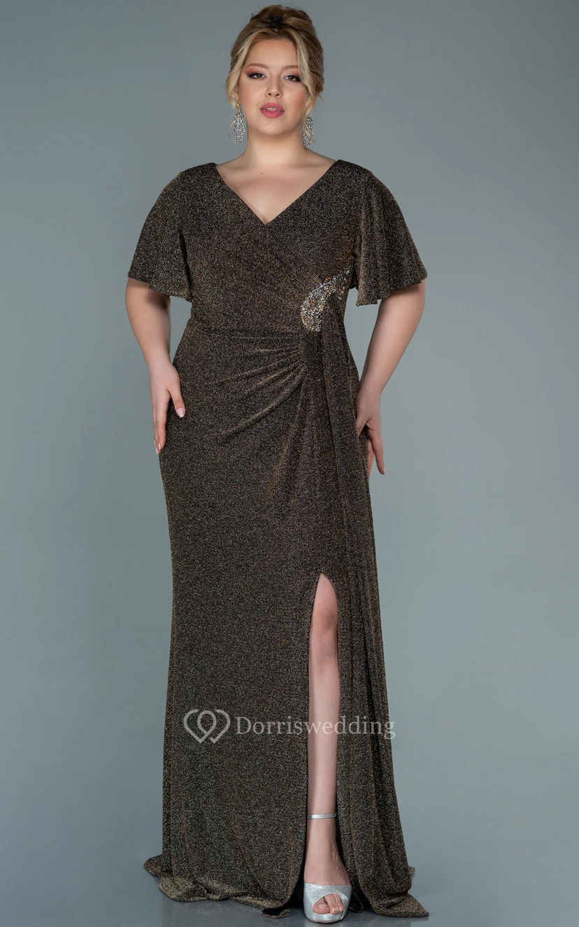 Poet-sleeve V-neck Sequin Ruched Slit Front Plus Size Evening Dress view 6