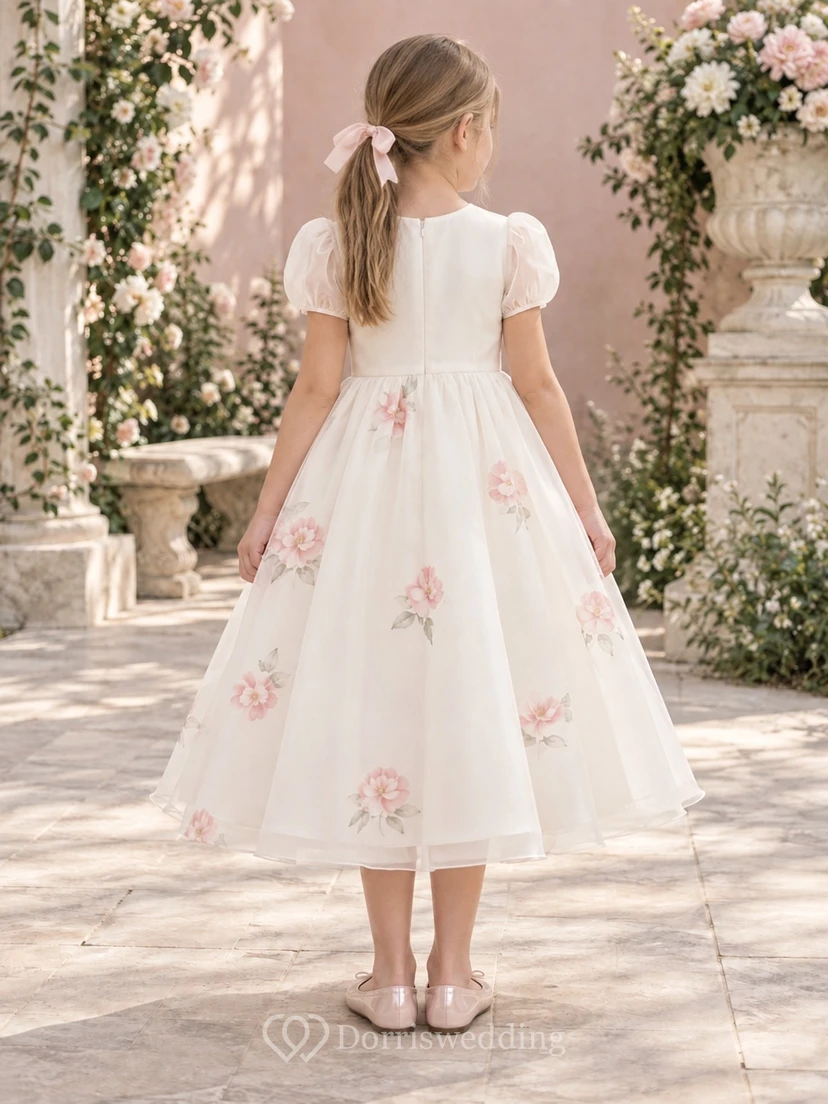 Modest Ivory Tea-length Jewel Short Sheer Puff Sleeves Sparse Floral-Print Gathered Organza A-line Flowergirl Dress view 2