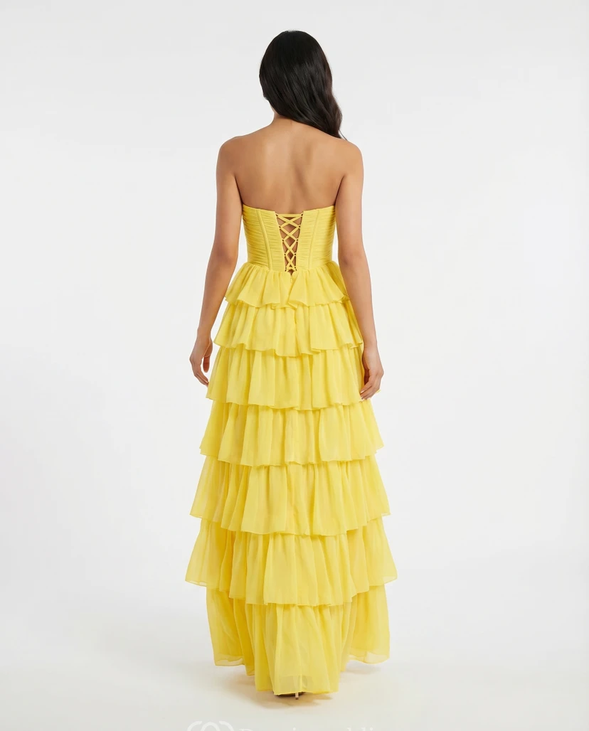 Yellow Tiered Ball Gown Strapless Prom Dress with Corset Bodice view 2