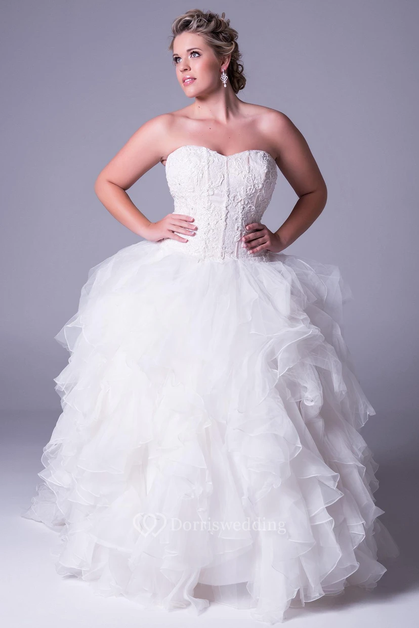 Ballkleid mit Applikationen, herzförmigem Ausschnitt, Tüll, Übergröße, Brautkleid mit Rüschen und Reißverschluss