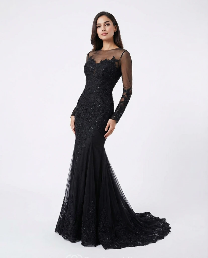 Robe de soirée sirène en dentelle noire avec longues manches transparentes et corsage illusion
