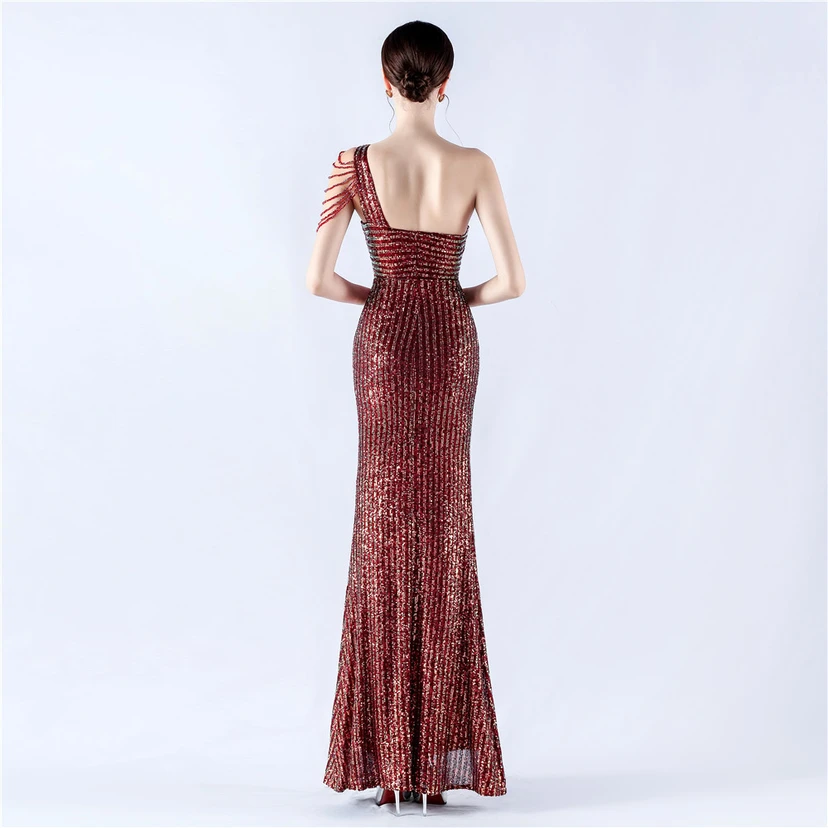 Heavy Beaded One-Shoulder Oblique Collar High Fork Sequin Dinner Dress view 11