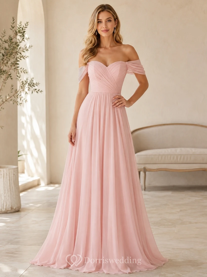 Off Shoulder Blushing Pink Chiffon A-line Floor Length Bridesmaid Dress