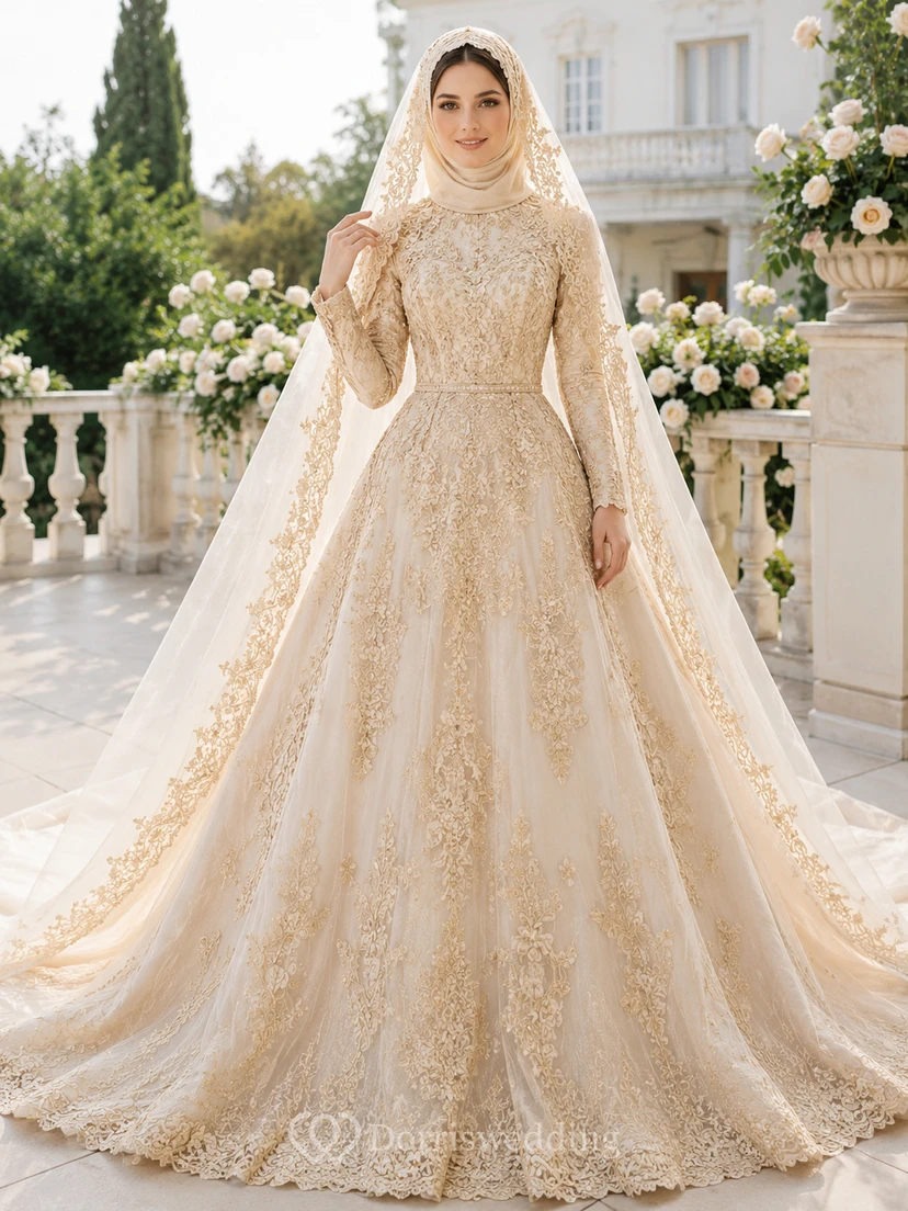 Champagne Gold Muslim Lace Cathedral Train Wedding Dress