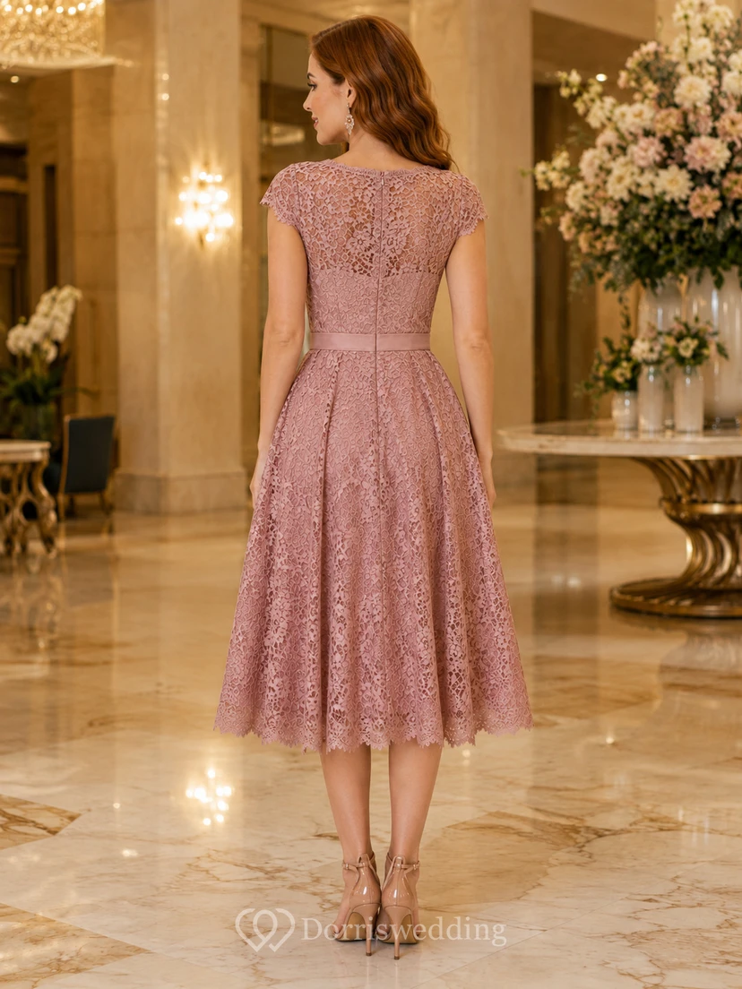 Dusty Rose Bateau Lace Wedding Guest Cocktail Dress view 2