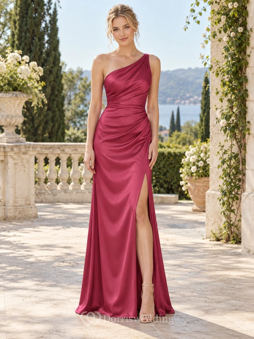 Vestido largo de dama de honor sencillo, color frambuesa, de satén, con un solo hombro, fruncido y sin mangas, con abertura lateral.