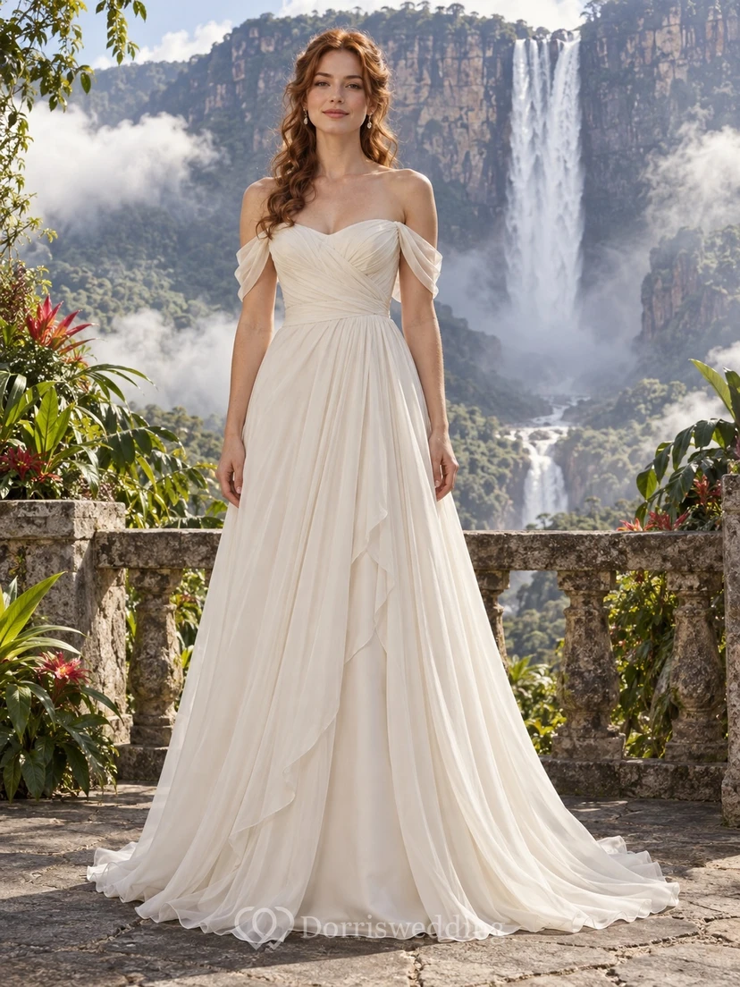 Vestido de novia de gasa con escote corazón y hombros descubiertos, corpiño cruzado y cola larga en línea A.