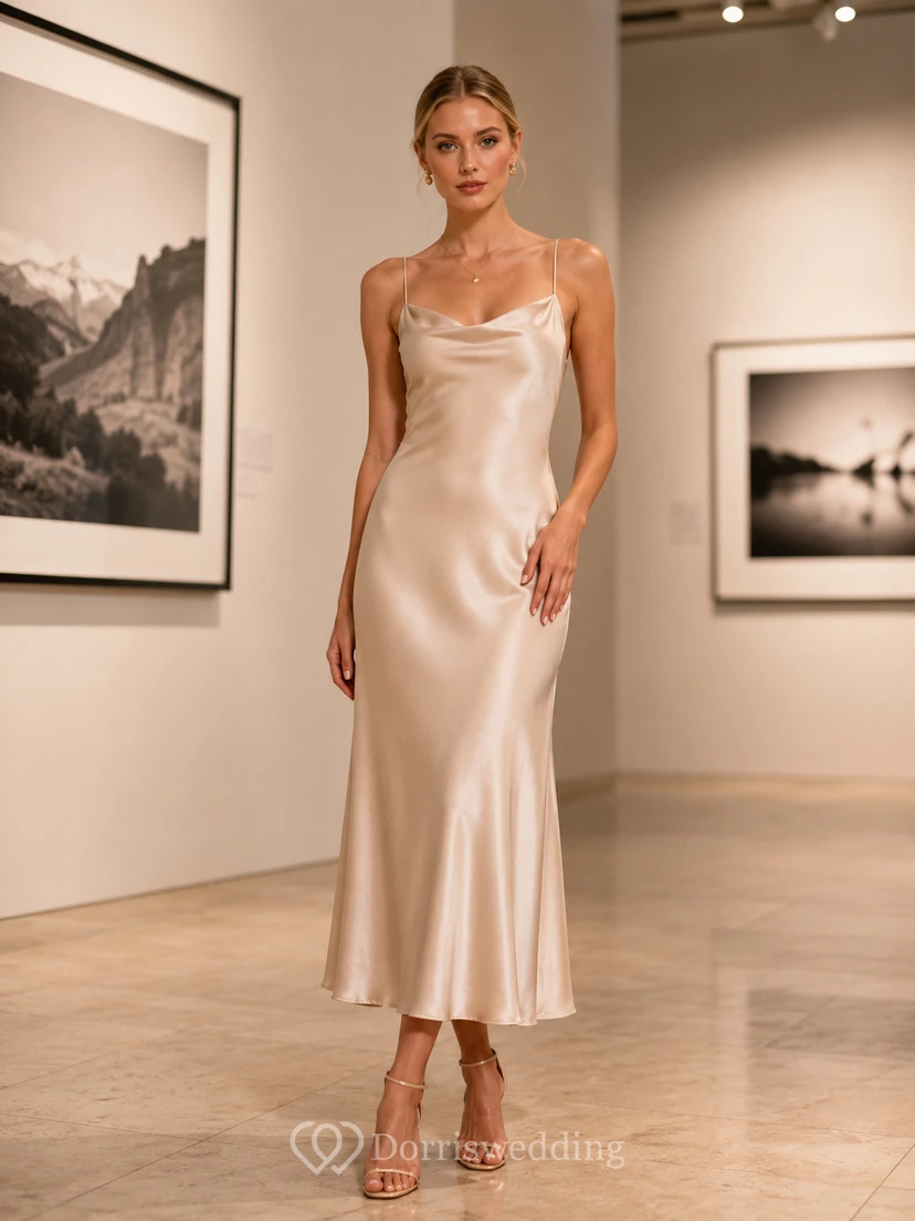 Robe nuisette midi en satin champagne à col bénitier, style exposition photo