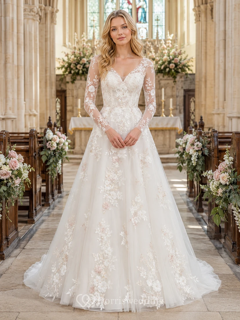 Spring Floral Long Sleeve V-Neck A-Line Chapel Wedding Dress