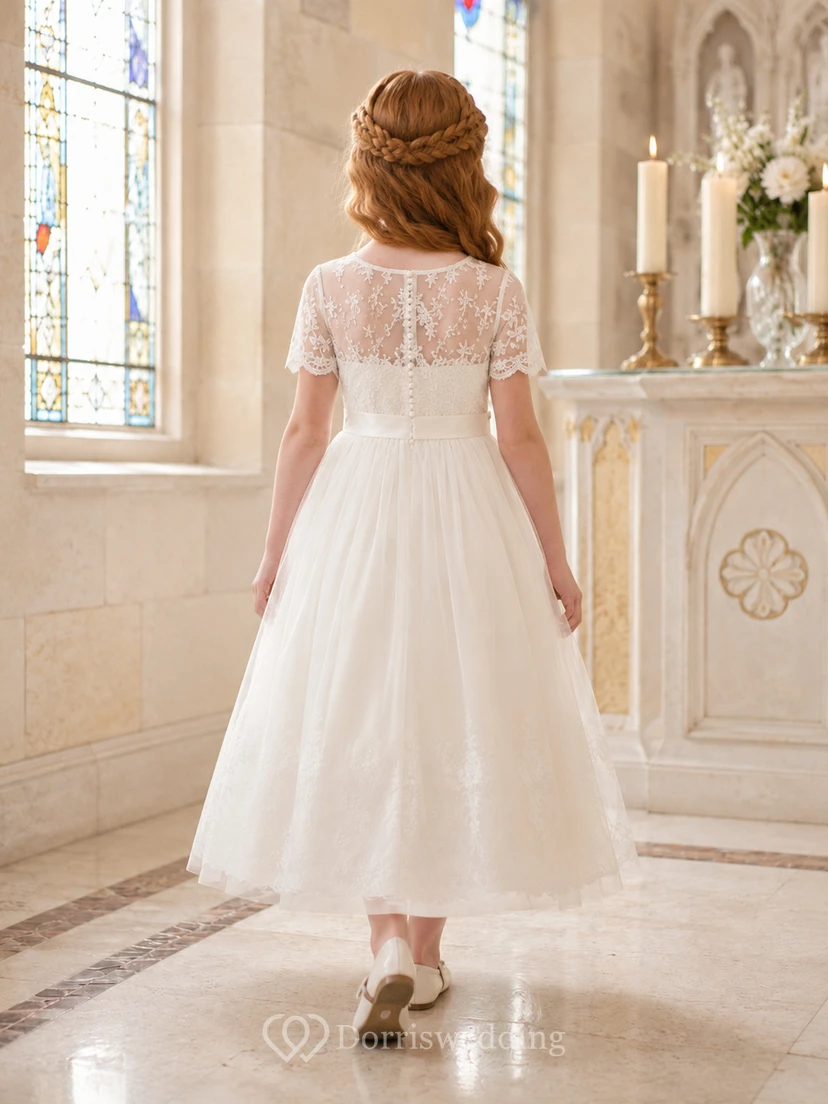 Robe de Première Communion en dentelle et tulle à manches courtes illusion bateau, coupe trapèze view 2