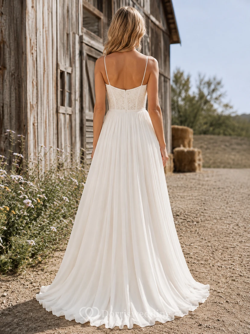 Simple Square Neck Chiffon Wedding Dress with Straps and Sweep Train Elegant A-Line Sleeveless view 2