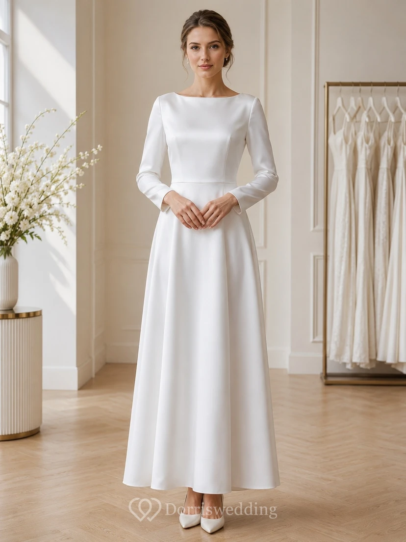 White Chiffon Jewel Neck Long Sleeve Floor-Length Flowergirl Dress