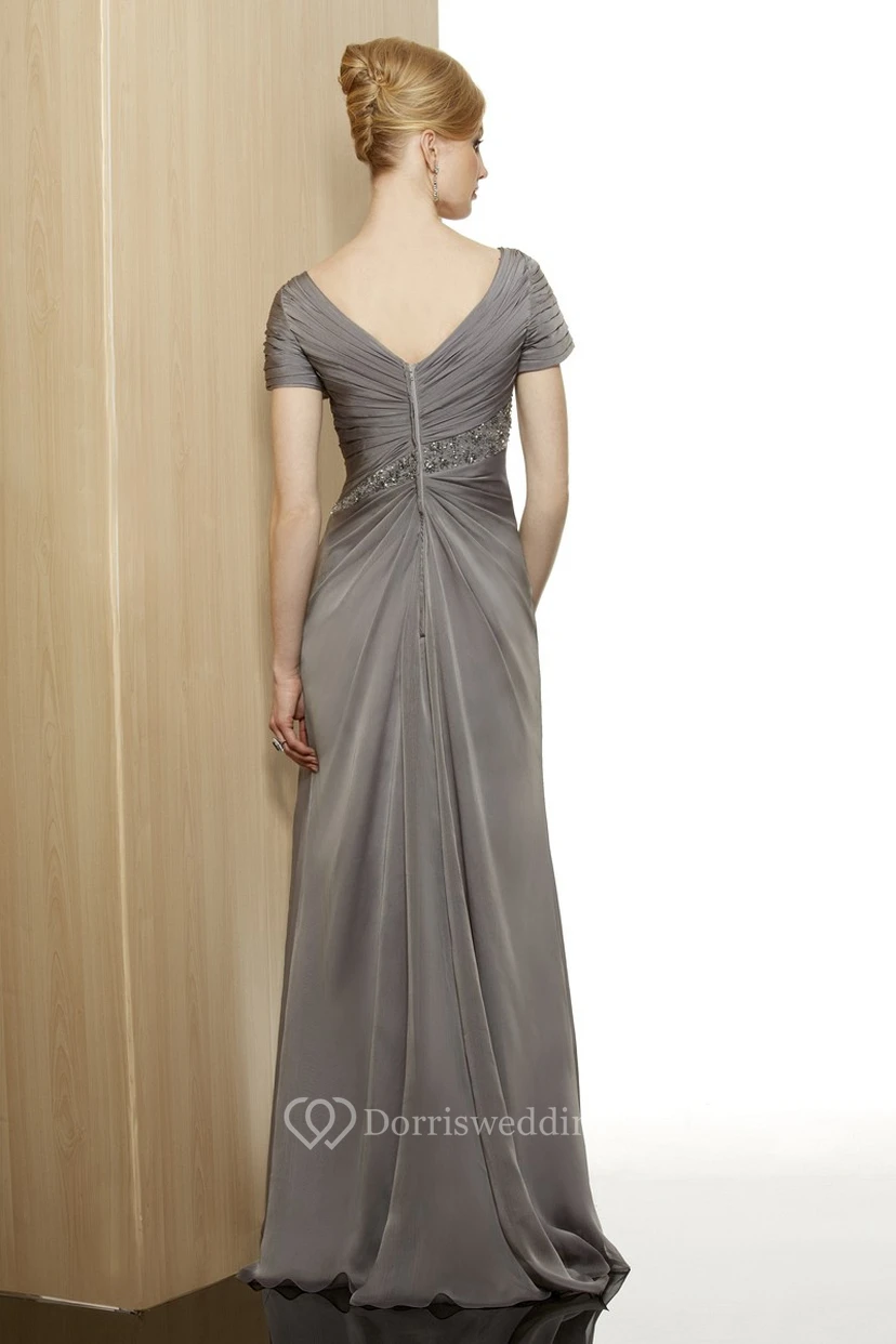 Cap Sleeve V-Neck Beaded Jersey Formal Dress With Draping And Criss Cross view 2