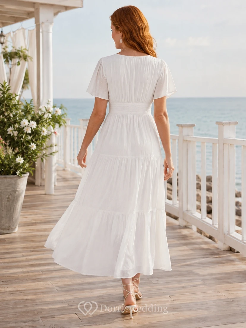 White V-Neck Short-Sleeve Chiffon A-Line Ankle-length Tiered Casual Guest Dress view 2