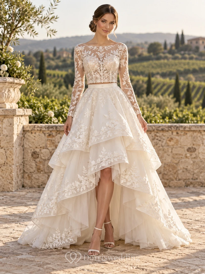 Two Piece High-low Long Sleeve Embroidered Tulle Wedding Dress