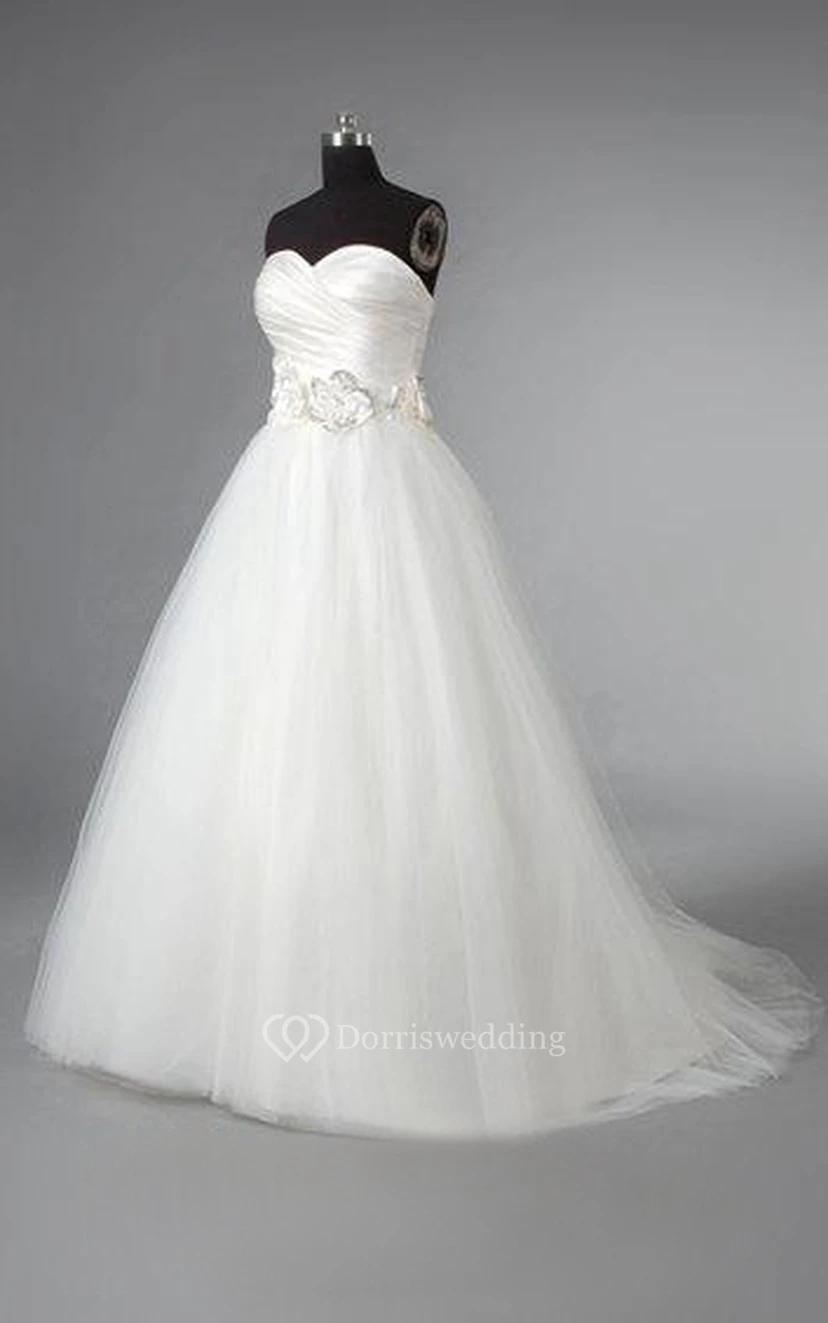 Sweetheart Tulle Ball Gown With Ruched Crisscross Bodice and Beaded Flowers view 2
