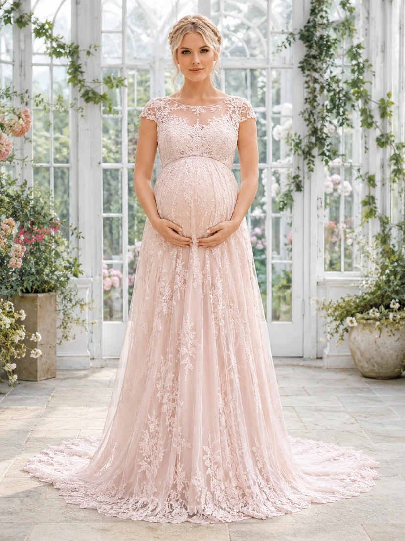 Maternity Wedding Dress High Neck Sleeveless Lace Tulle Garden Gown with Illusion Back