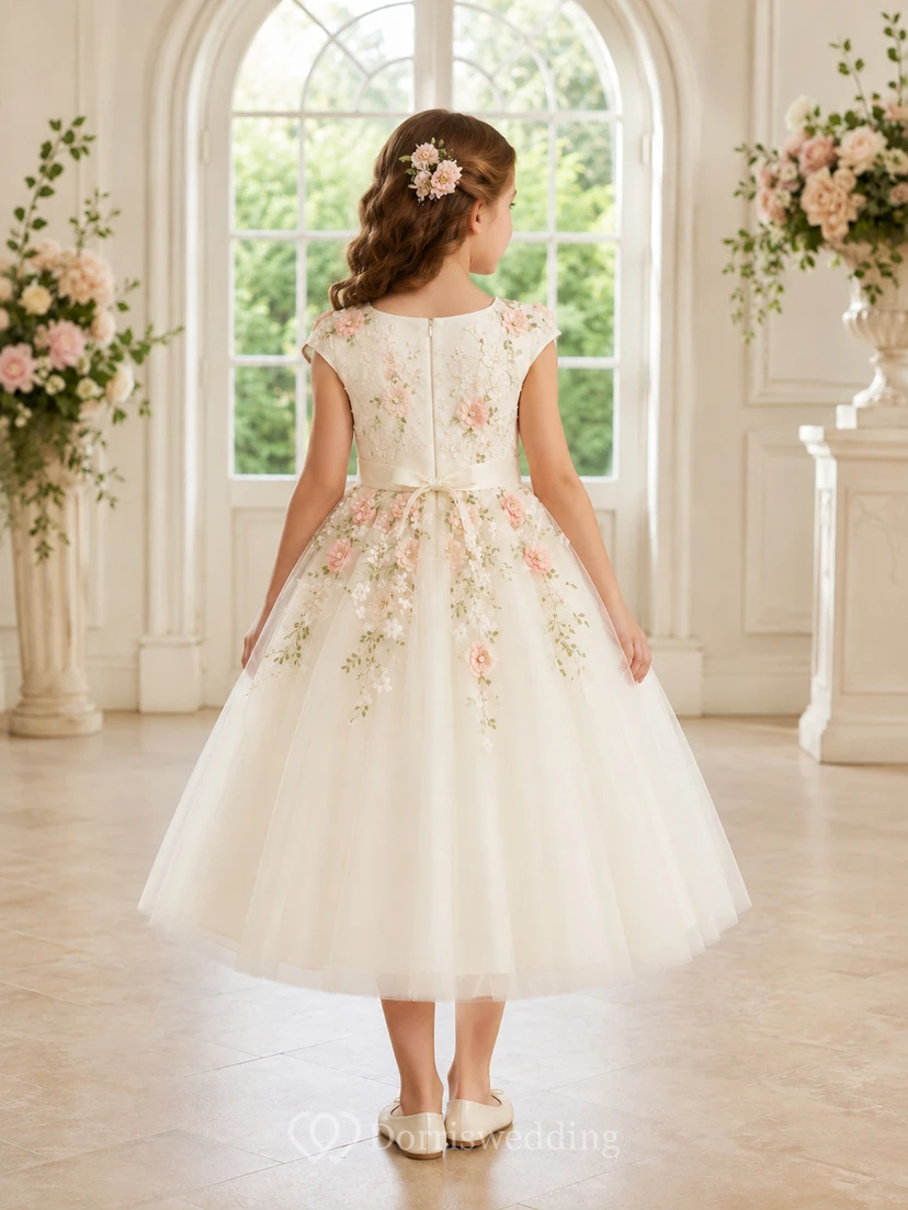 Blumenmädchen-Gartenkleid aus Tüll mit floralen Applikationen, Teelänge und kurzen Ärmeln view 2