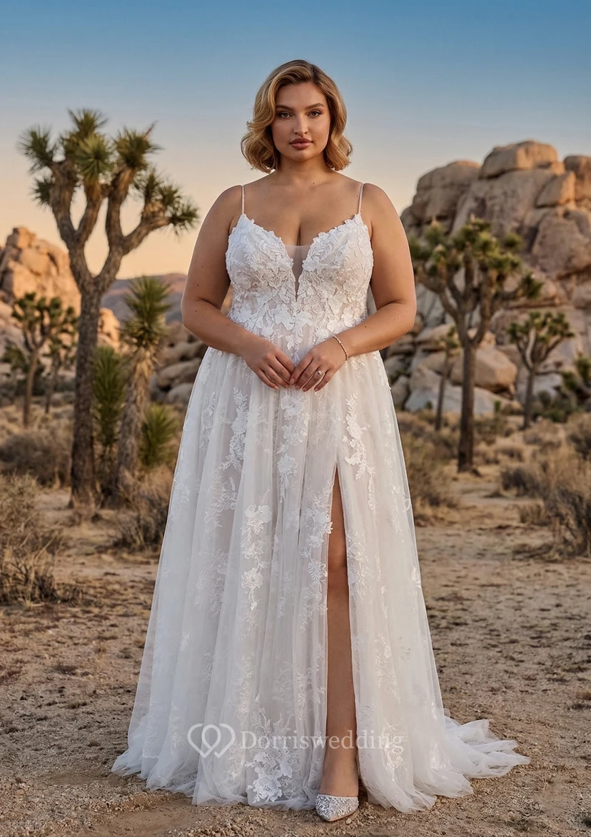 Plus Size Plunging V-Neck Lace A-Line Wedding Dress with Spaghetti Straps and Slit