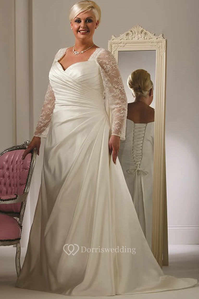 Plus Size Taffeta Bridal Gown With Long Lace Sleeves And Lace Up
