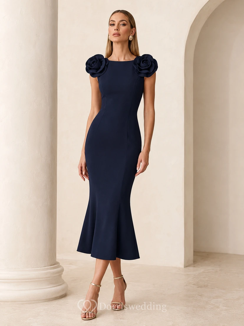 Dark Navy Rosette Shoulder Mermaid Midi Dress