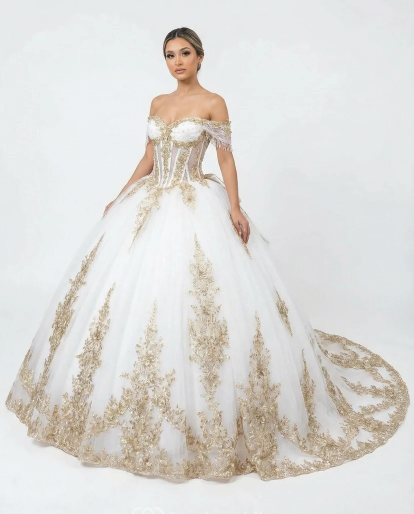 White and Gold Quinceanera Ball Gown Off Shoulder Corset with Appliques Train