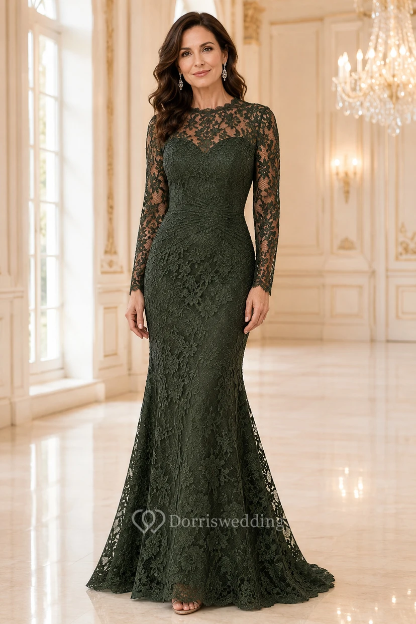 Dark Green Long Sleeve Lace Mermaid Mother Dress