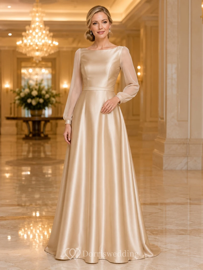 Champagne Jewel Neck Long Sleeve Satin A-Line Floor-length Formal Gown