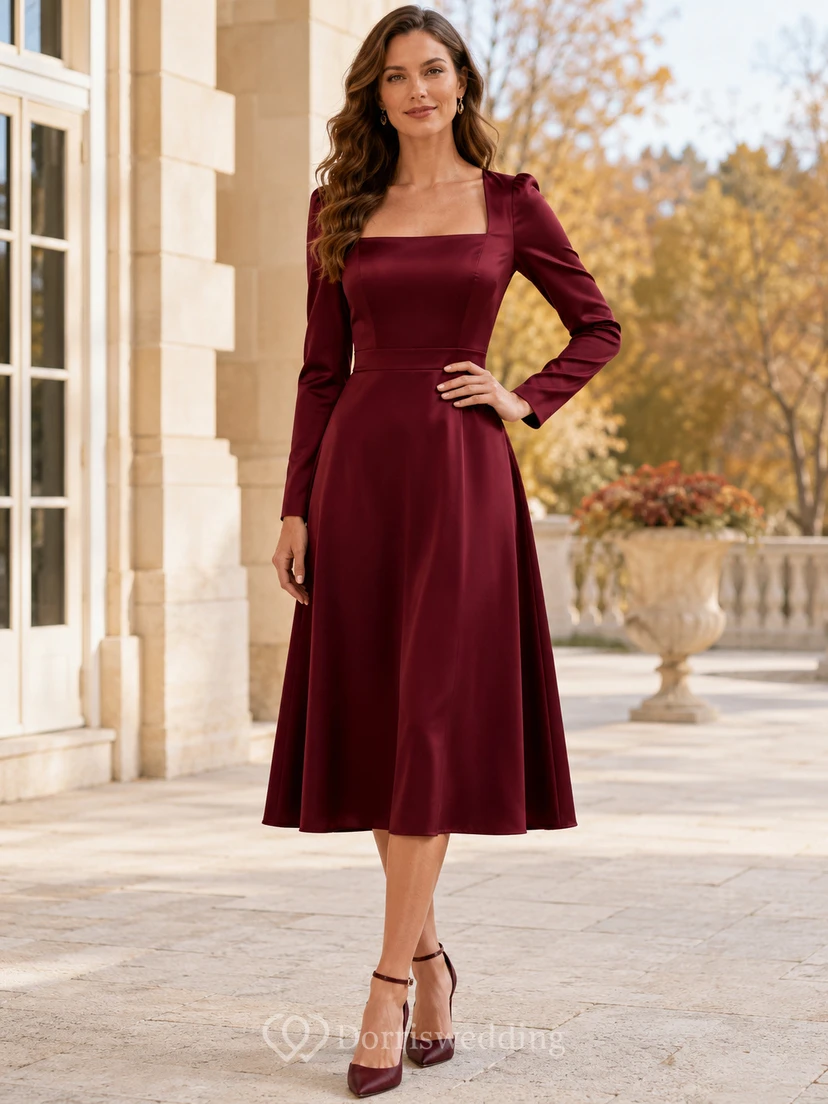 Claret Square Neck Long Sleeve Satin A-Line Tea Wedding Guest Dress