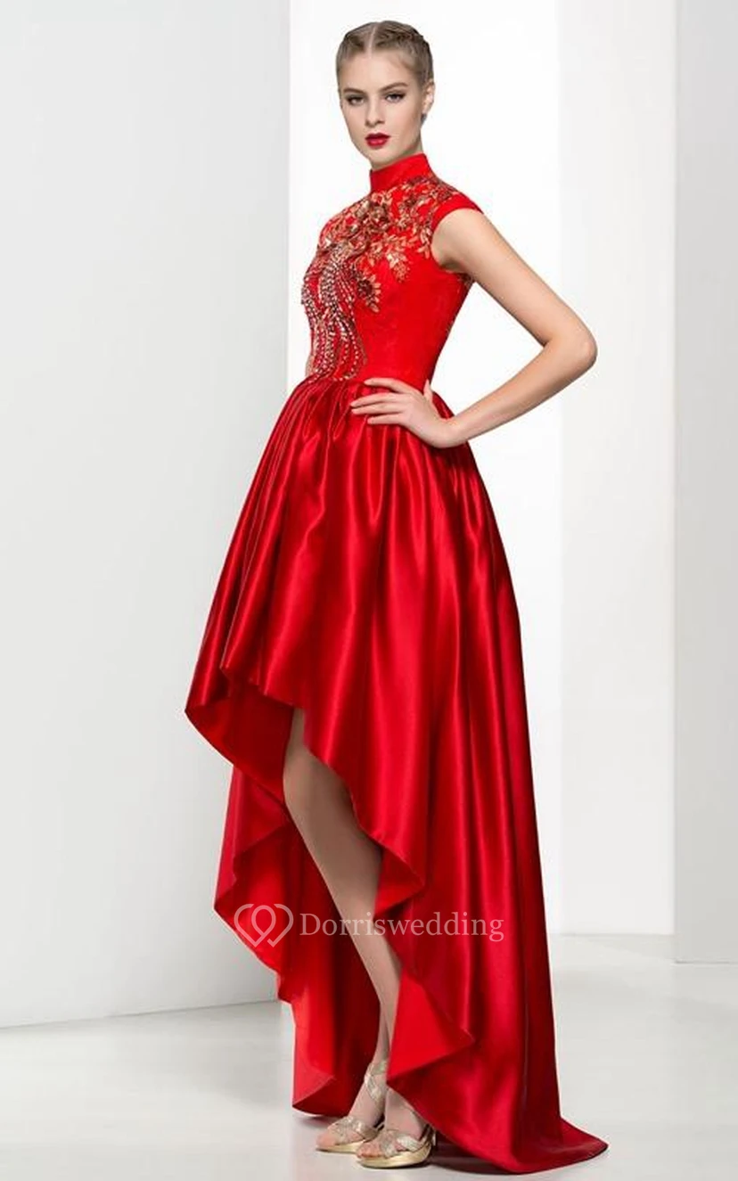 High Neck Cap Sleeves Appliques Beading Asymmetry Prom Dress view 4