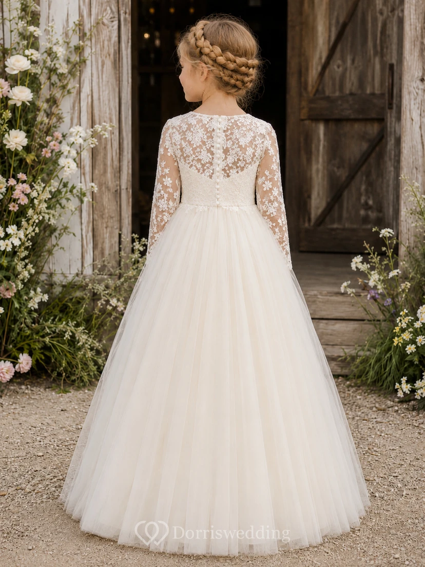 Flower Girl Dress Ivory Lace Tulle A-Line Long Sleeve Jewel Neck Tea Length view 2