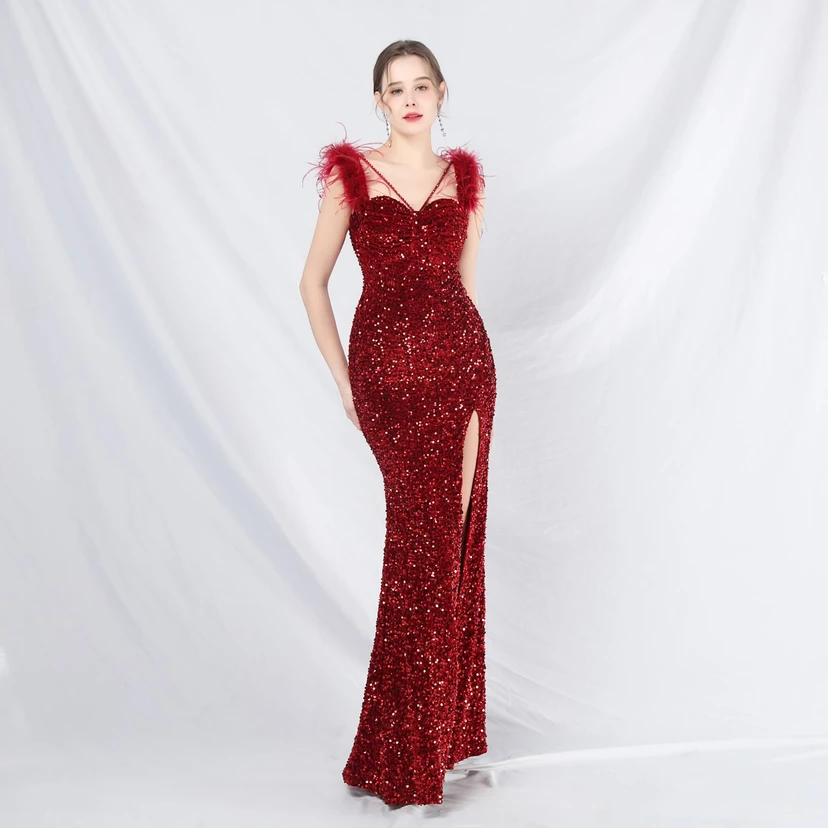 Craft Beaded Ostrich Feather Plush Sequined Long Evening Dress view 29