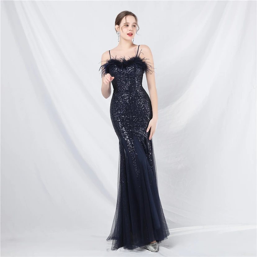 Craft Ostrich Feather Mesh Sequined Long Evening Dress view 38