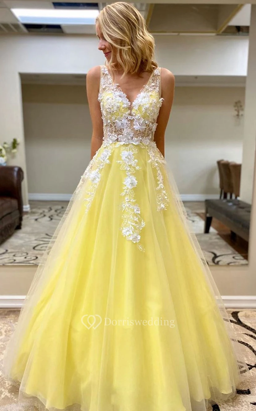 Vestido de noche informal sin mangas de corte A, largo hasta el suelo, de tul, con estampado floral.