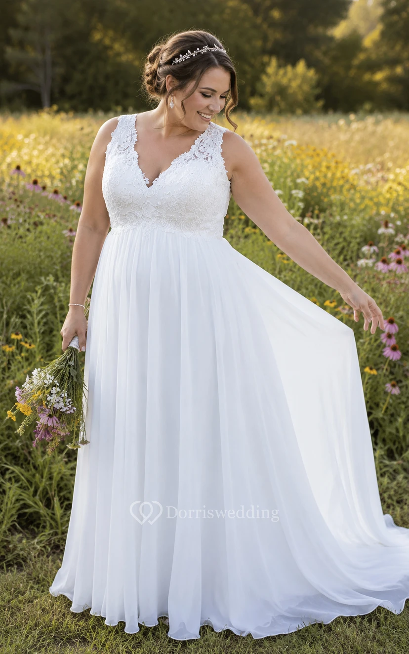Vestido de novia de playa blanco de talla grande con escote en V y corte en A de gasa view 9