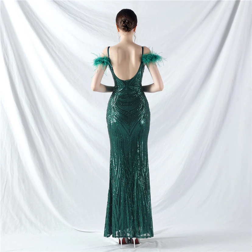 Vestido de noche con cuentas florales y plumas de avestruz elaboradas artesanalmente view 71