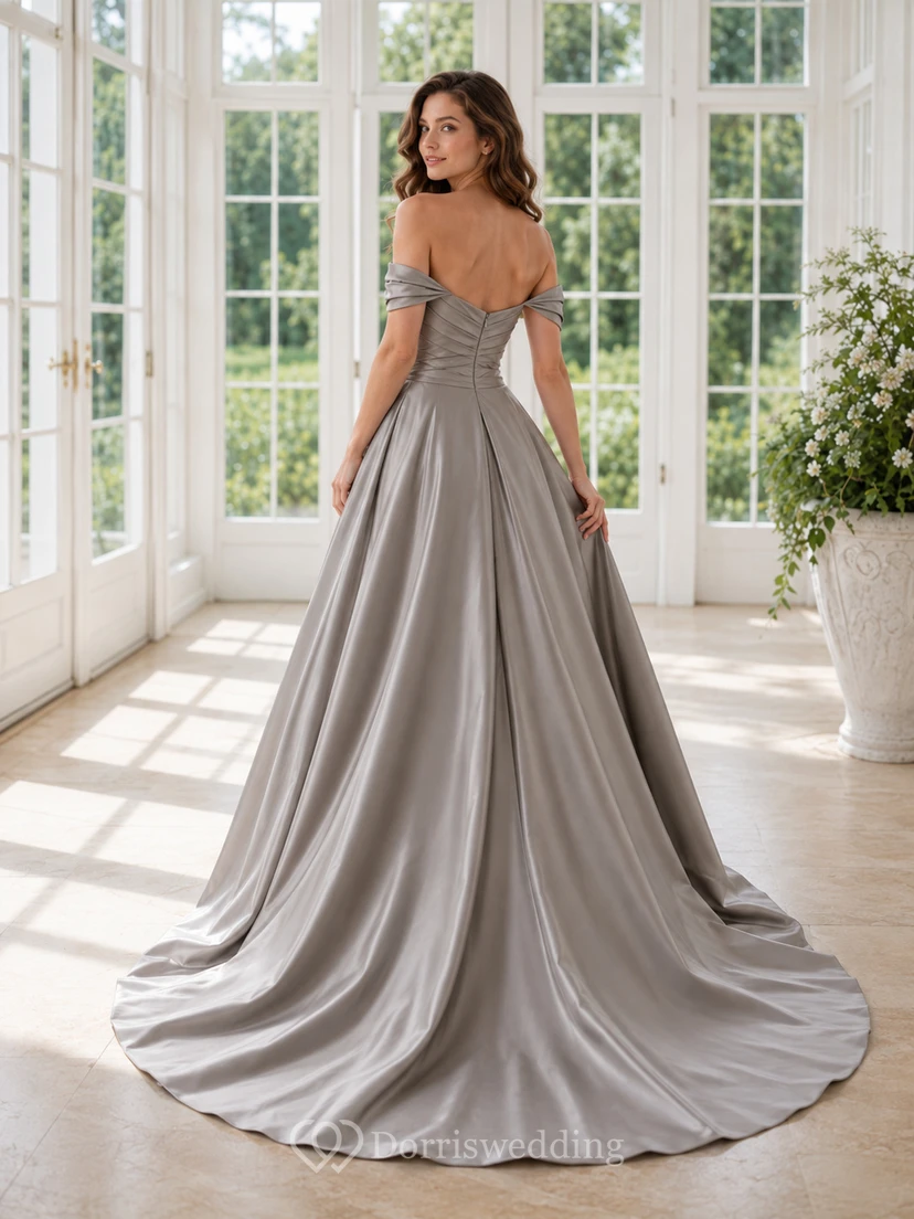 Robe de bal élégante en satin couleur étain, épaules dénudées, plissée, pour mariée view 2
