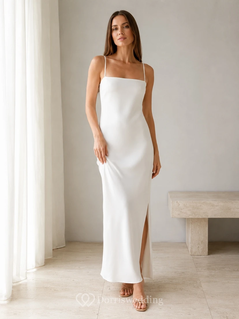 Robe de soirée moderne blanche à encolure carrée, fourreau spaghetti en satin, fente au sol, longueur au sol