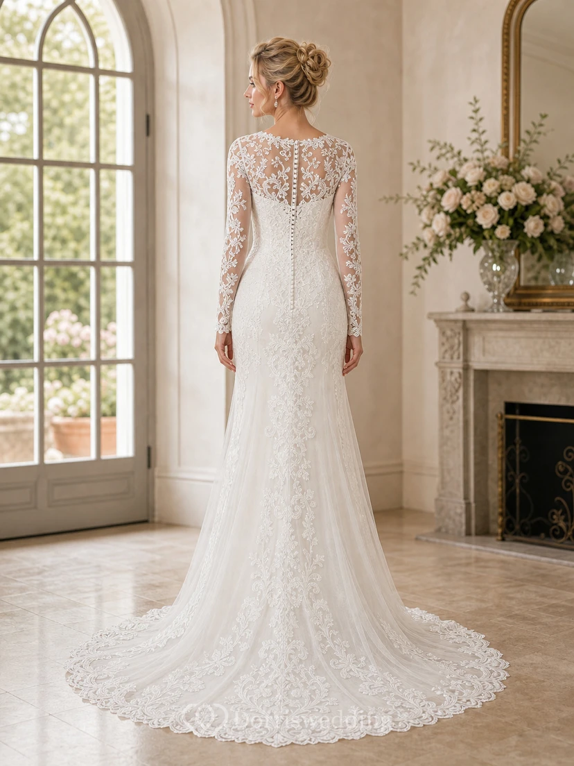 Sheath Long-Sleeve High Neck Tulle&Lace Wedding Dress With Sweep Train view 4