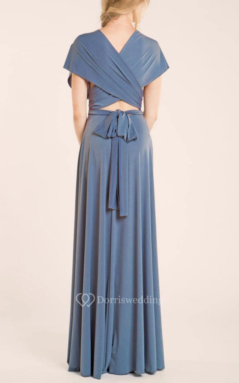 Deep V Neck Pleated A-line Jersey Long Dress With Criss Cross Back view 2