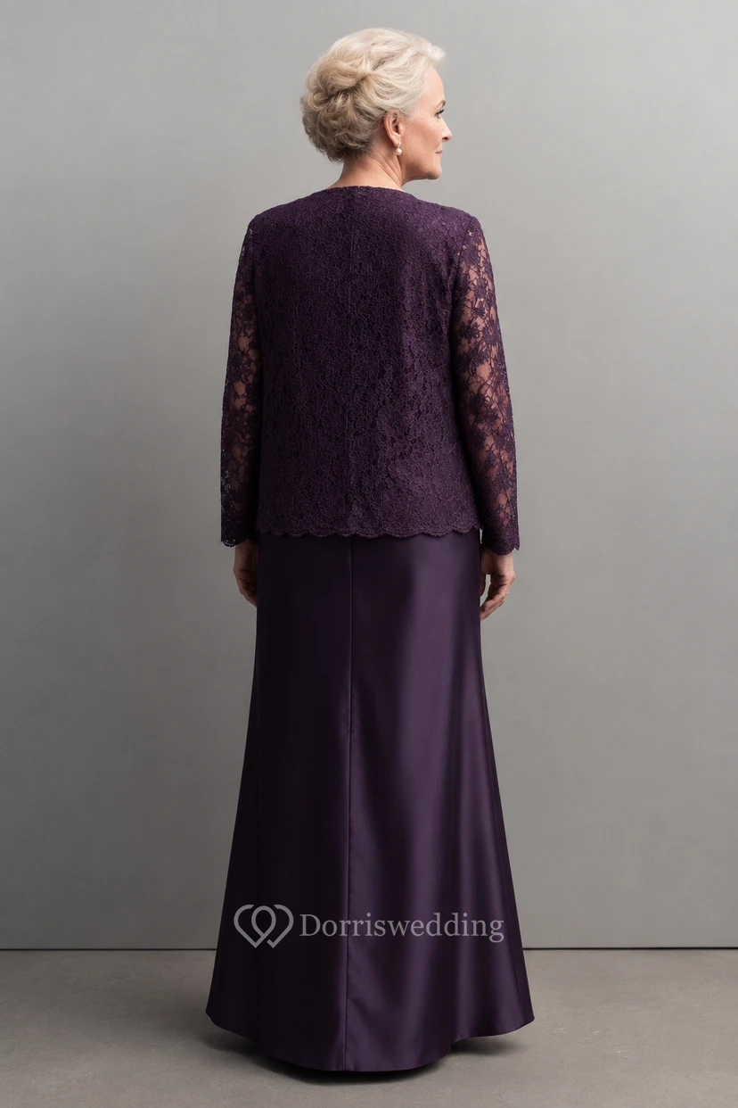 Robe de mère de la mariée violette en dentelle, manches longues, longueur au sol, avec veste view 2