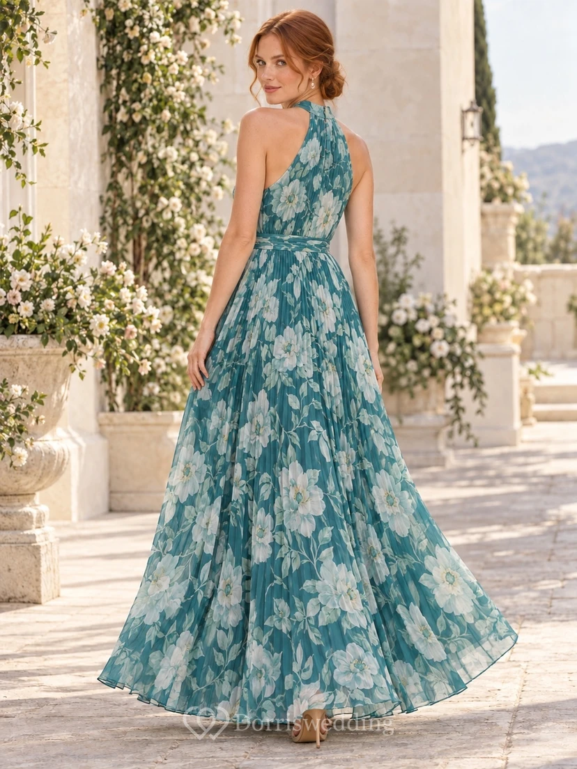 Peacock Teal Floral Print A-Line Halter Neck Sleeveless Pleated Guest Dress view 2